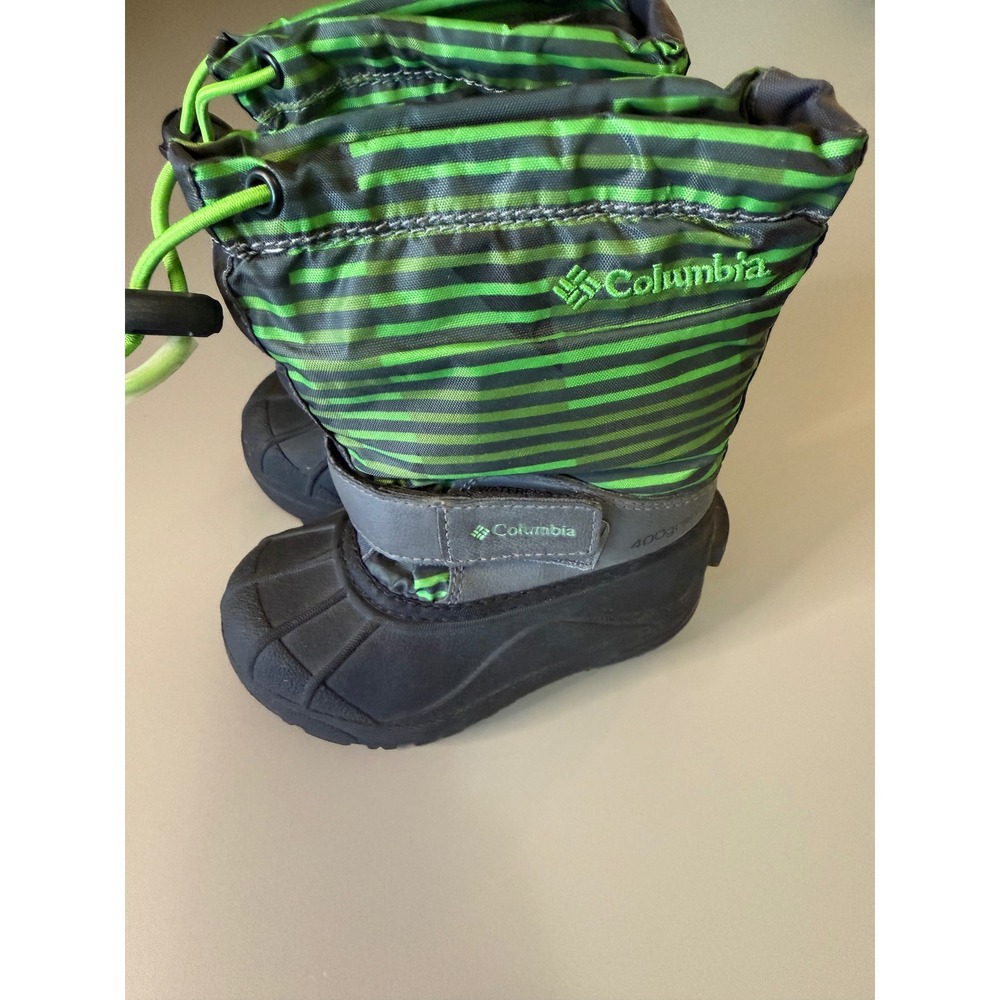 Columbia Kids Powderbug Plus II Snow Boots Green Grey Striped BC1311-048 Size 8